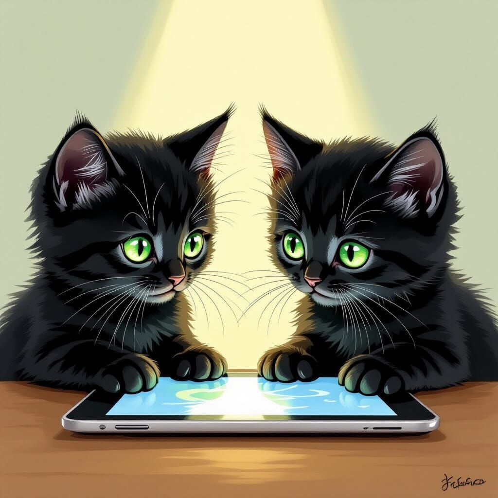 Intelligent Kittens Gazing at iPad in Storybook Style