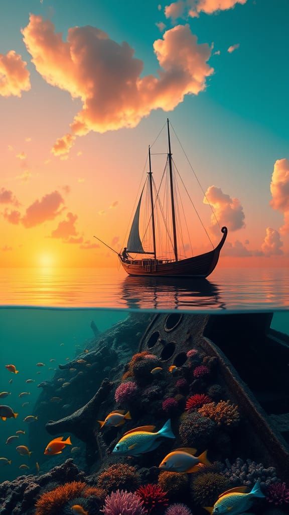 Sunset Sailboat Silhouette over Underwater Paradise