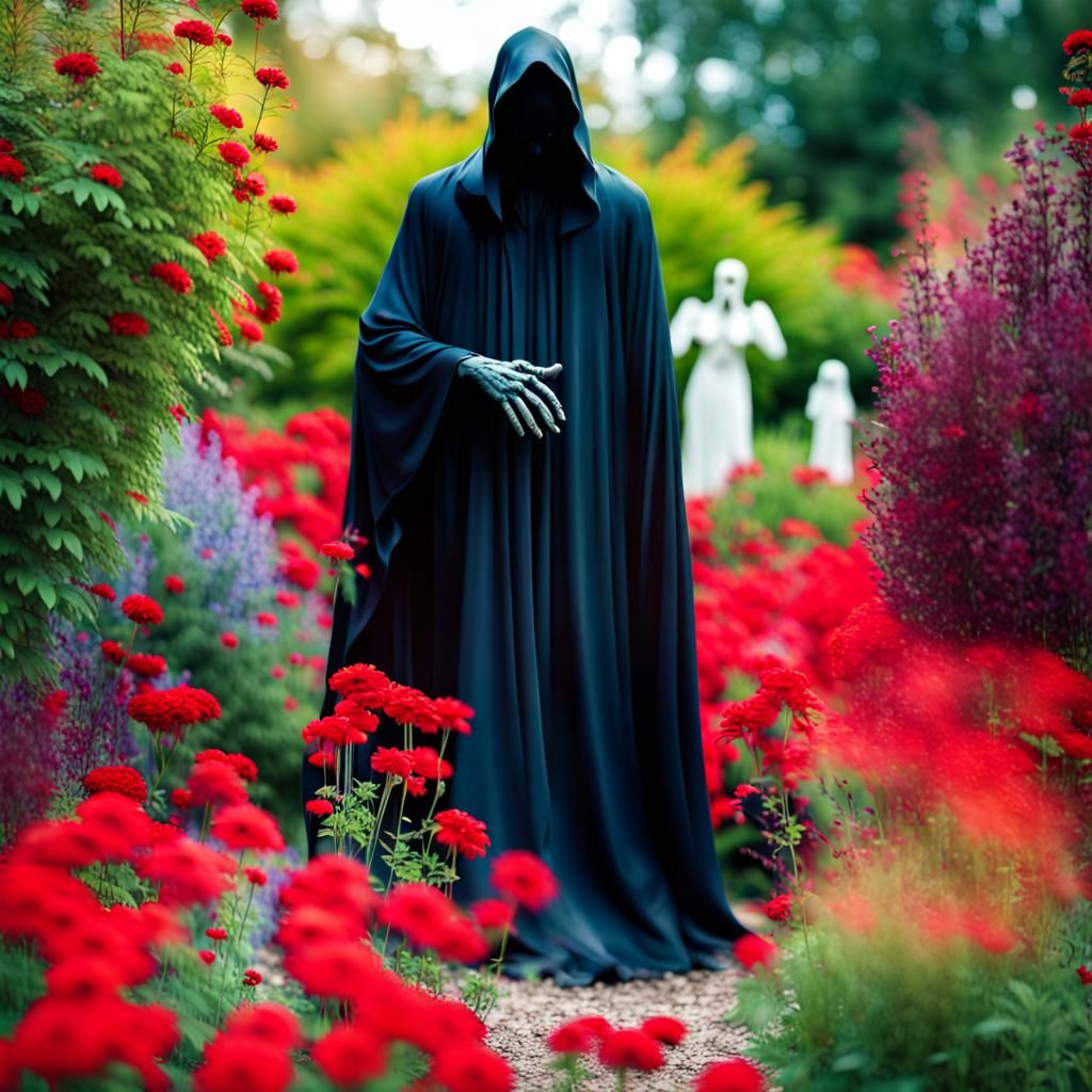Ghostly Grim Reaper in a Colorful Garden