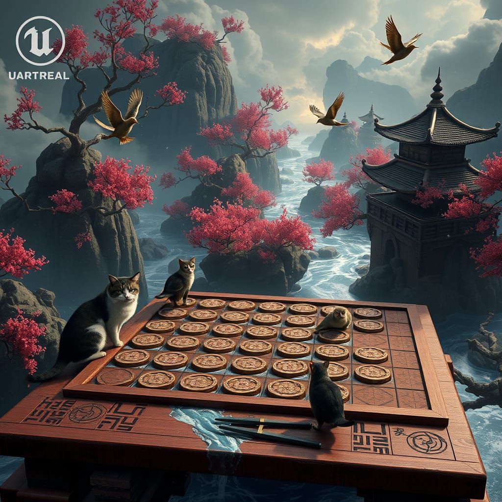 Surreal Shogi Board Scene with Fantastical Creatures