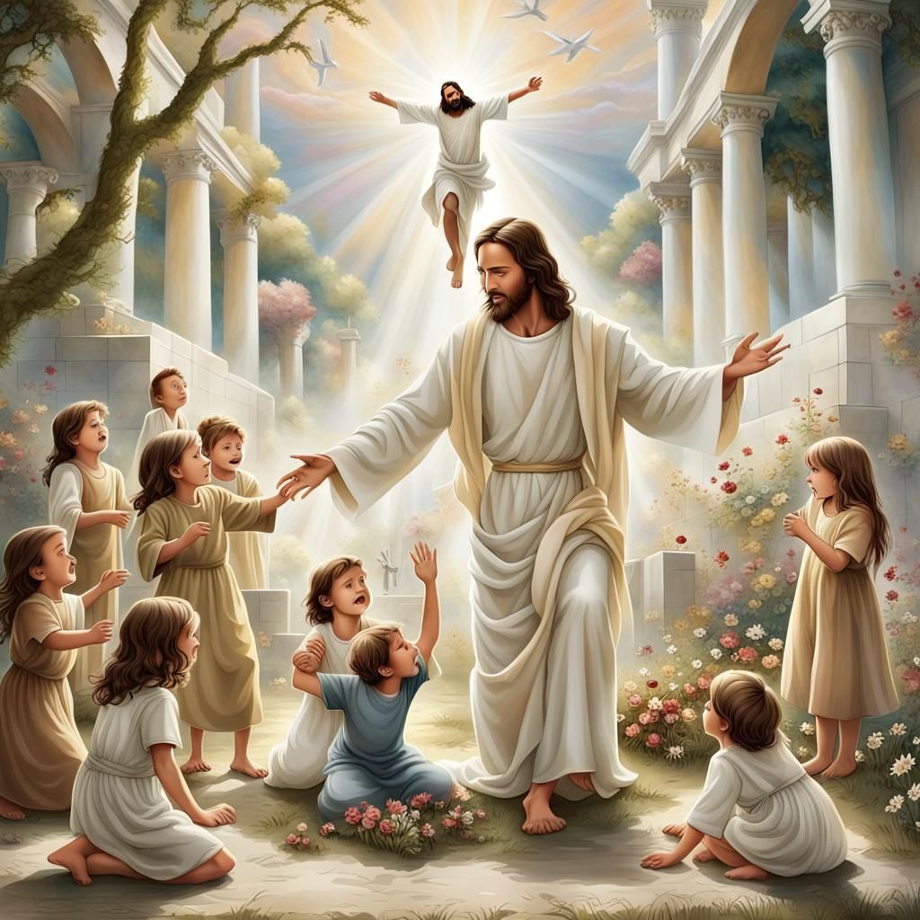 Modern Poster: Jesus Playing with Children in Paradise