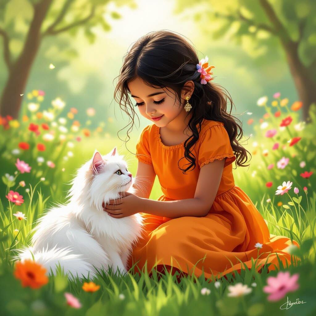 Indian Girl and Cat in a Flower Garden, Loish Style
