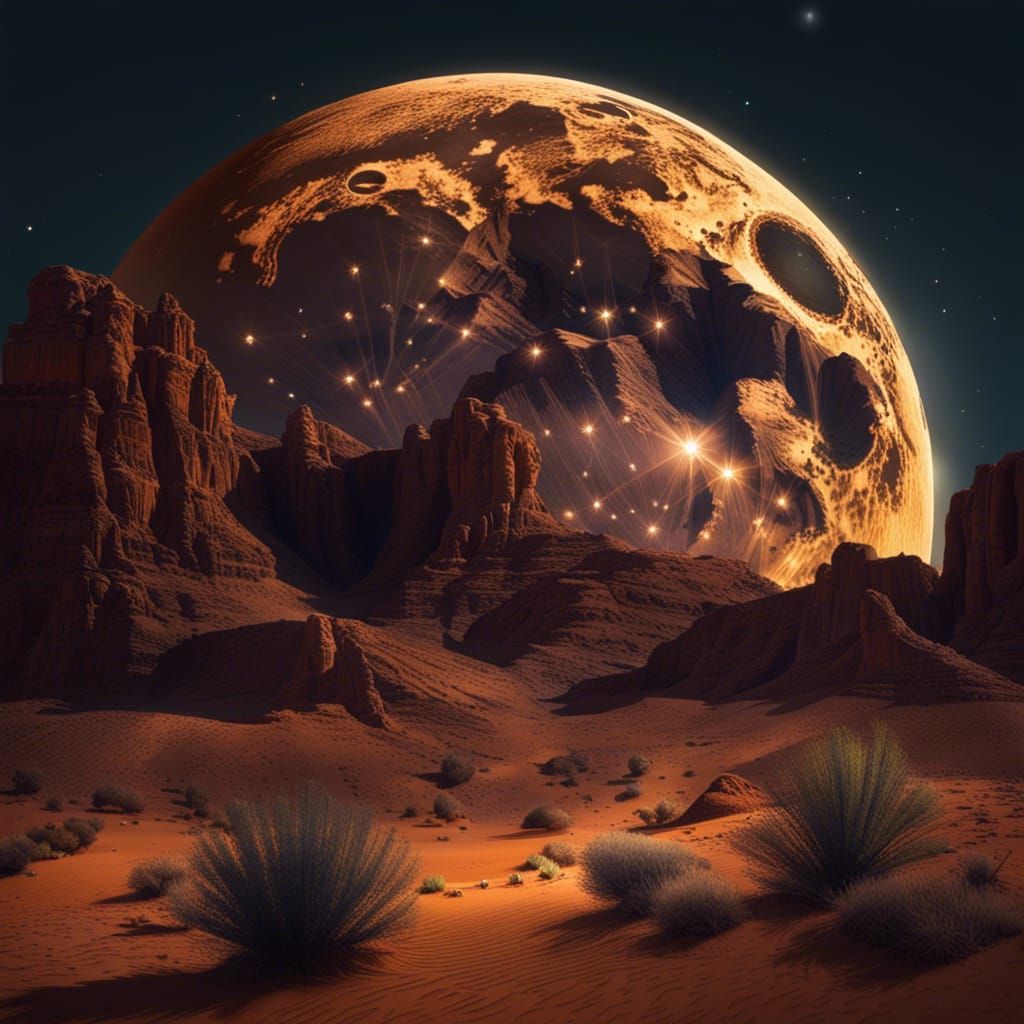 Glowing Moon Rising Over Desert Landscape