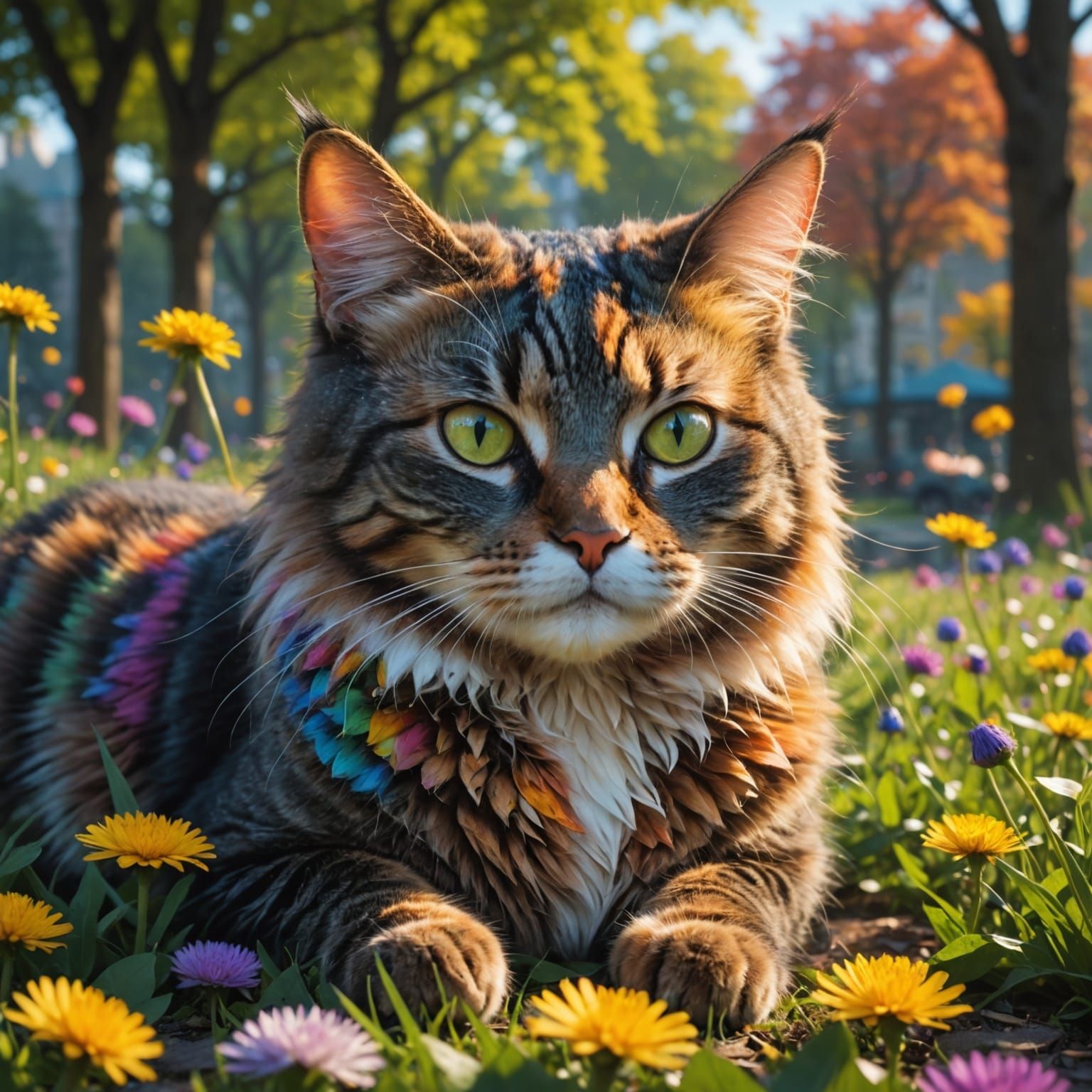 Vibrant Rainbow Cat in a Whimsical Park Landscape
