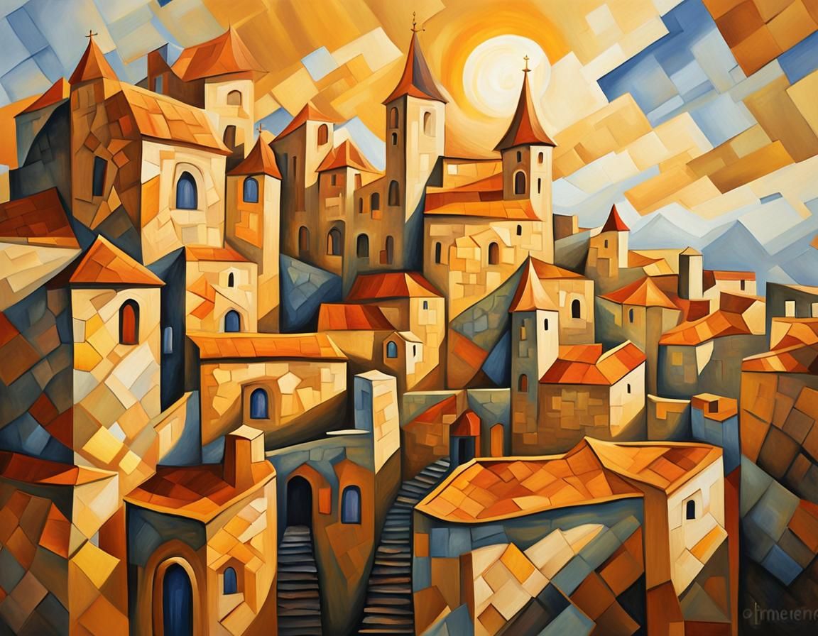 Lively Medieval Cityscape in Cubist Style