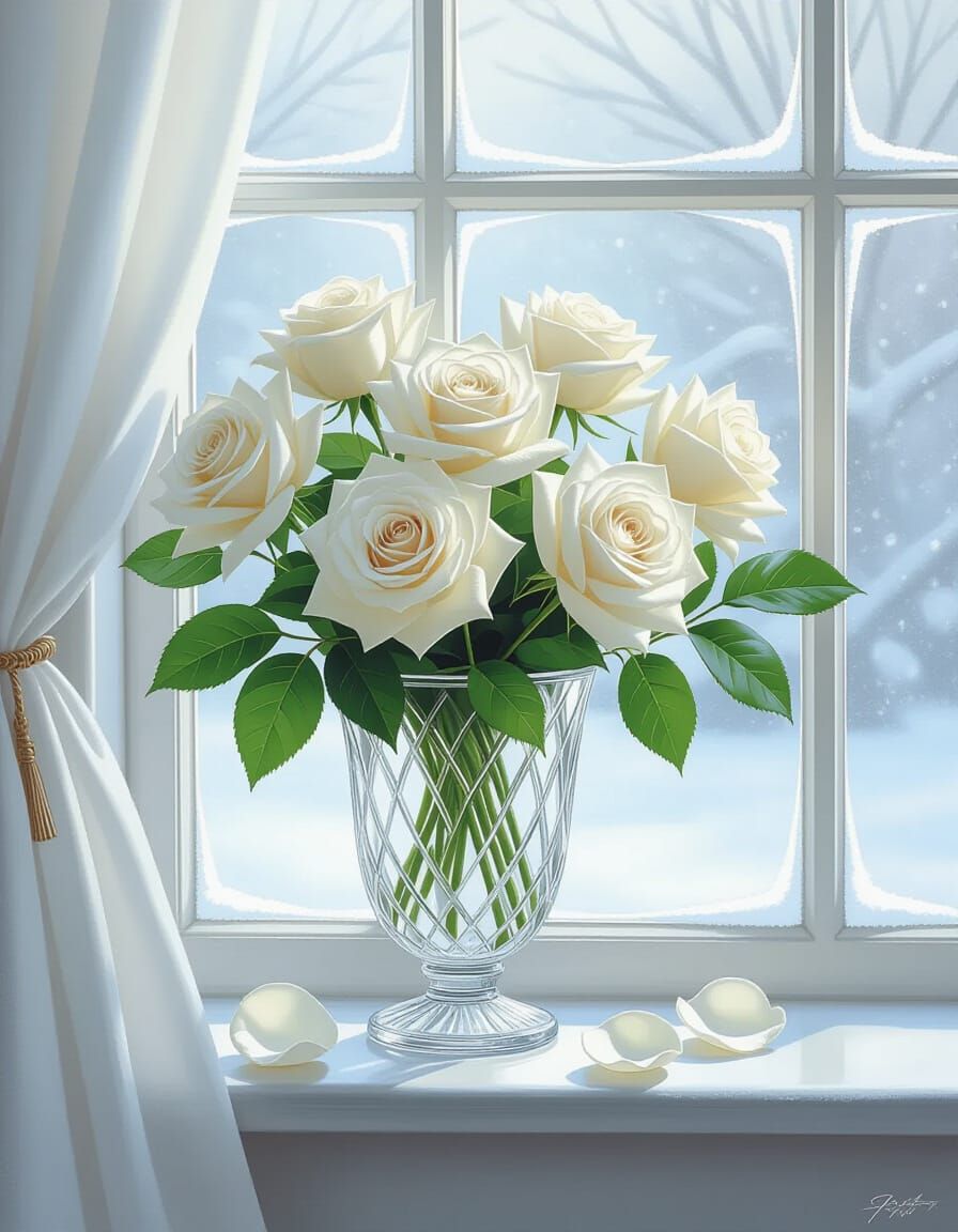 White Roses in Crystal Vase, Art Nouveau Style