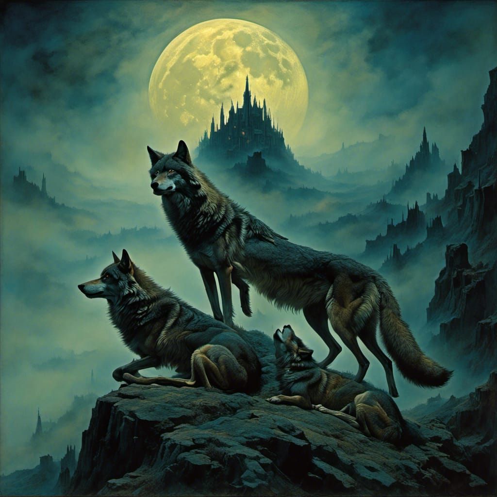 Wolves Howling at Moon in Dark Surrealist Style