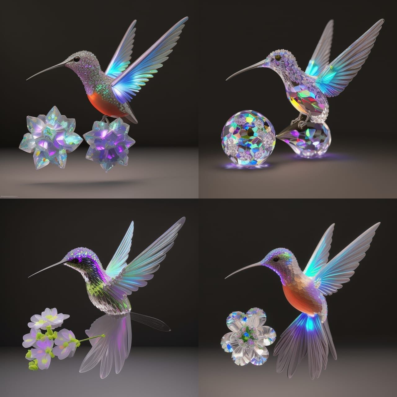 Crystal Hummingbird and Flower in Art Nouveau Style