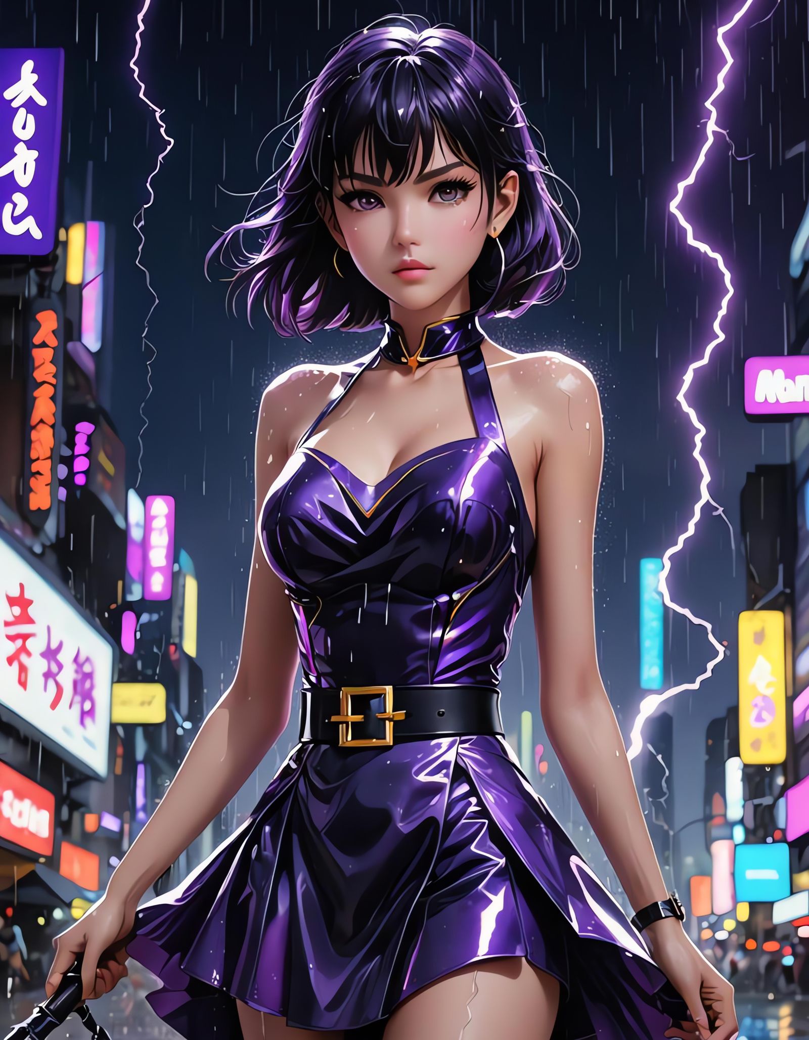 Sailor Saturn in Glowing Dress Amidst Neon Lights