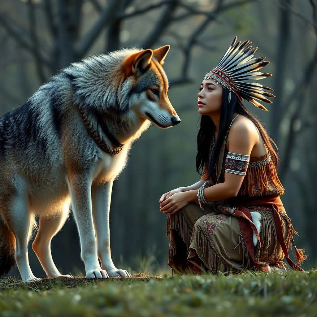 Native American Woman and Wolf in Hyperrealistic Style
