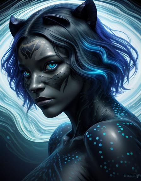 bioluminiscent aesthetic, female human panther hybrid in a stealthy pose, impressionism, ultra HD, 8K, multiple exposure...