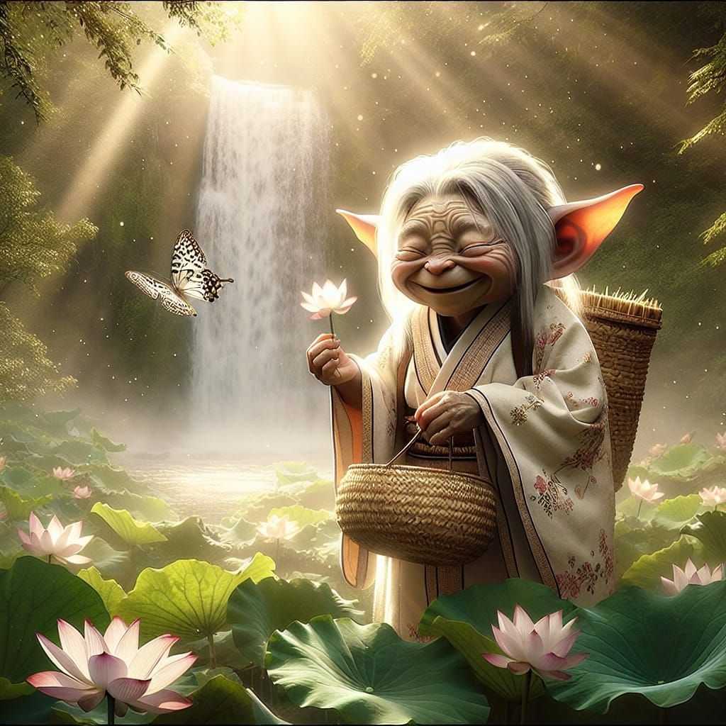 Gremlin in Japanese Attire with Lotus and Butterfly