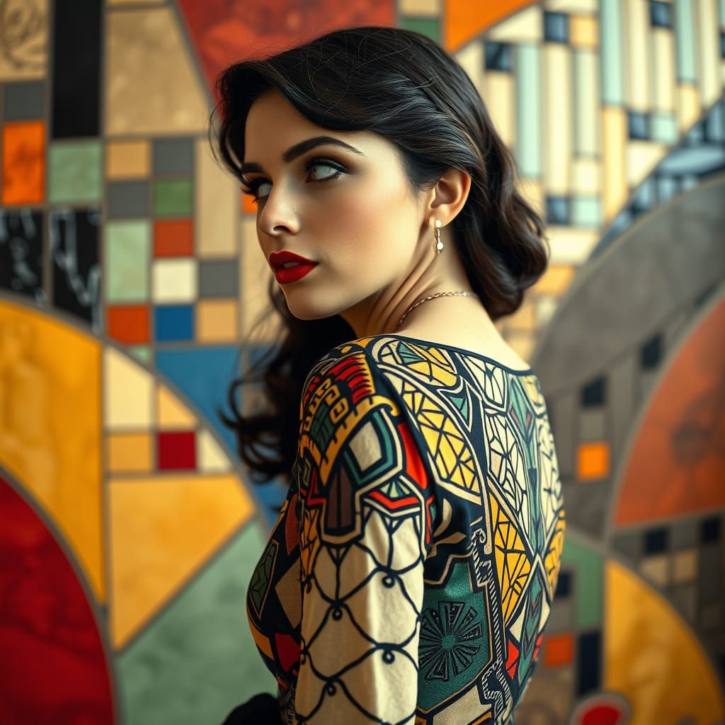 Elegant Woman Blending Into Geometric Mosaic, Art Nouveau St...