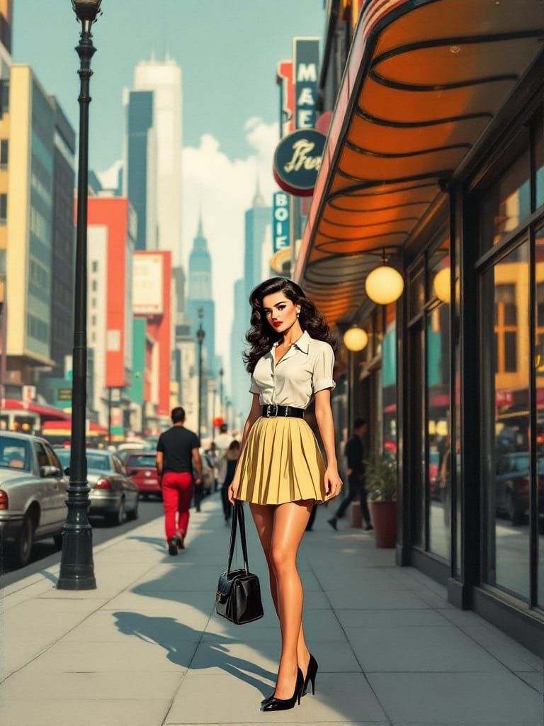 Pin-Up Girl on City Street in Retro Graphic Style