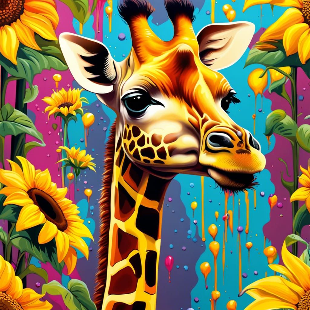 Baby Giraffe in Sunflower Graffiti Art