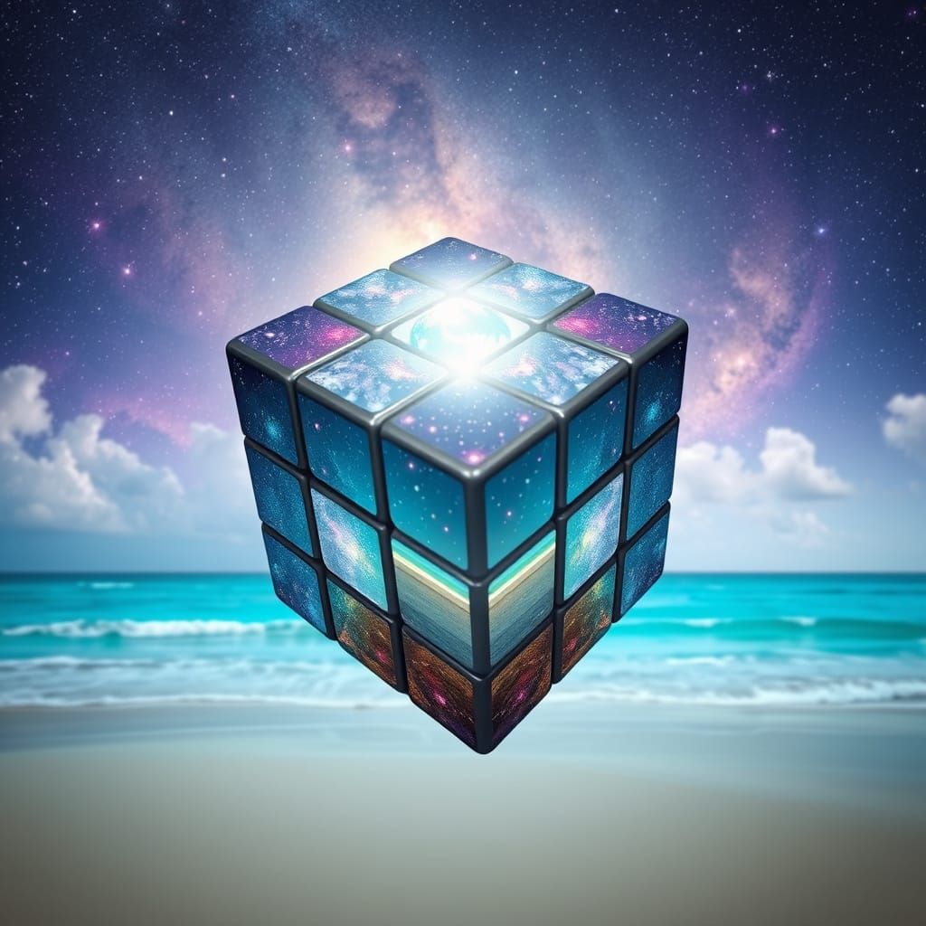 Surreal Rubik's Cube Reflecting Galaxy Beach Scene