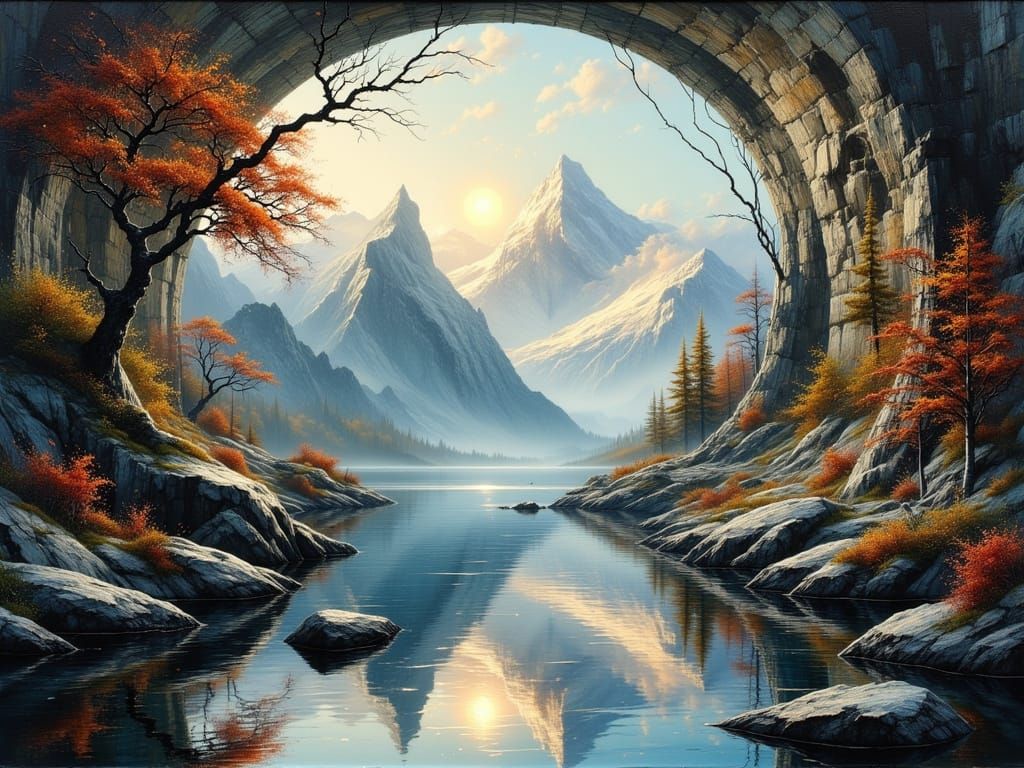 Majestic Mountain Landscape in Glass Dome: Stylized Reflecti...