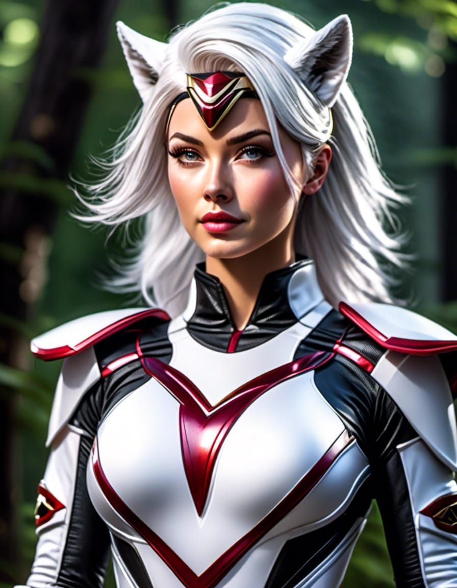 Power Ranger with Wolf Ears Flying Through Forest