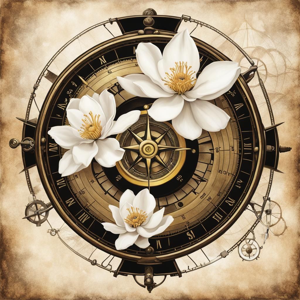 Steampunk Compass with Magnolia Flowers and Golden Aura