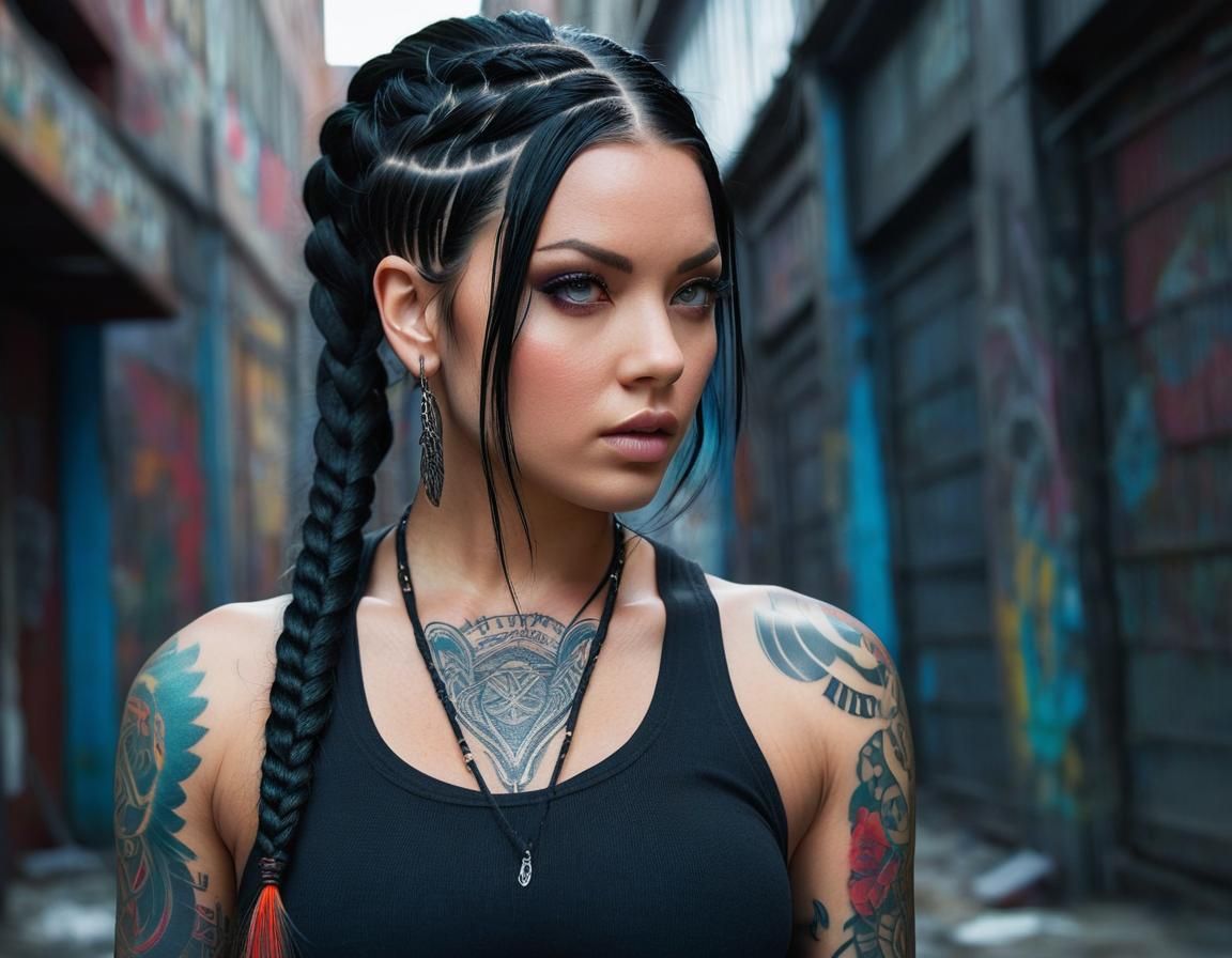 Gritty Urban Portrait of Woman with Braided Hair