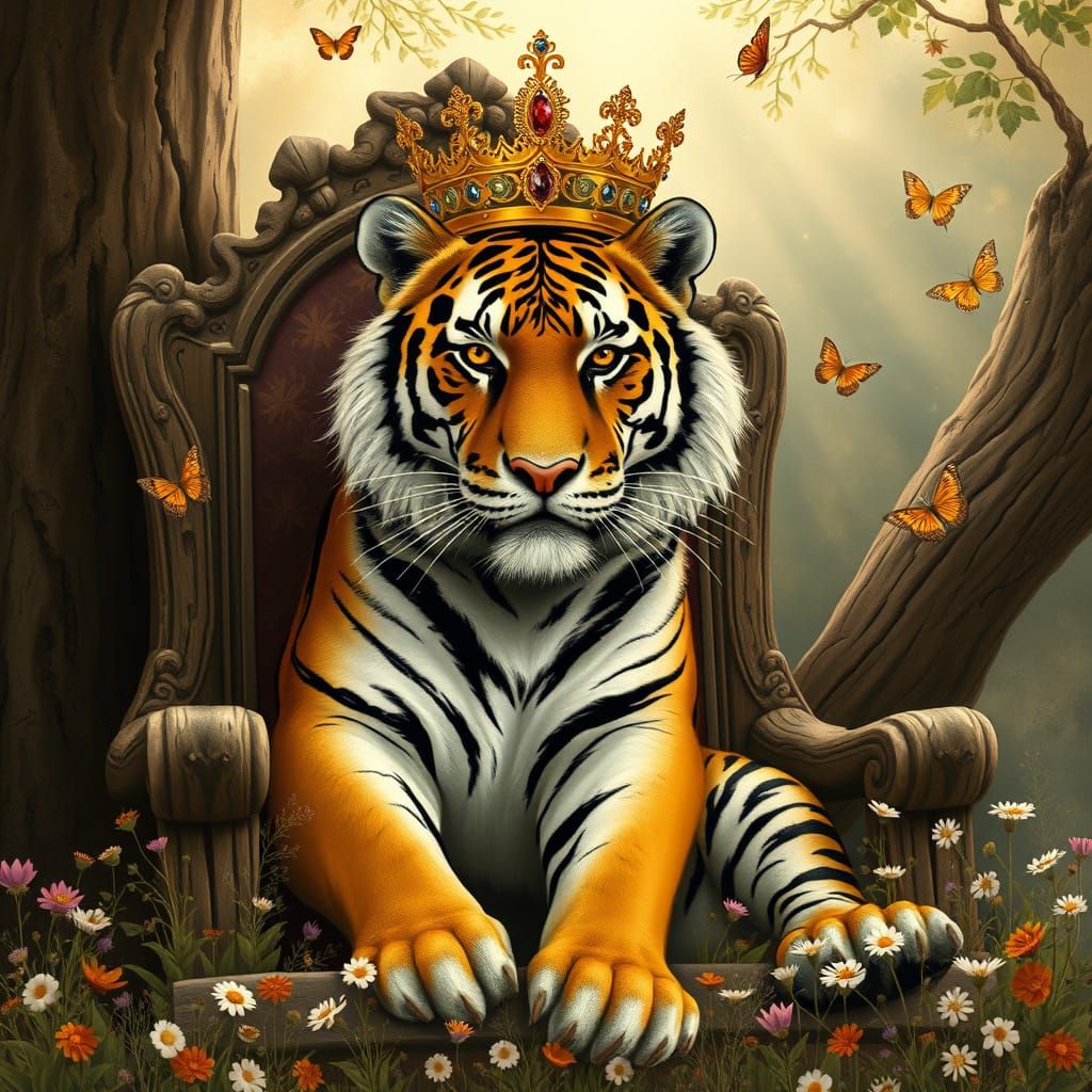 Crowned Siberian Tiger in Victorian Portrait Style
