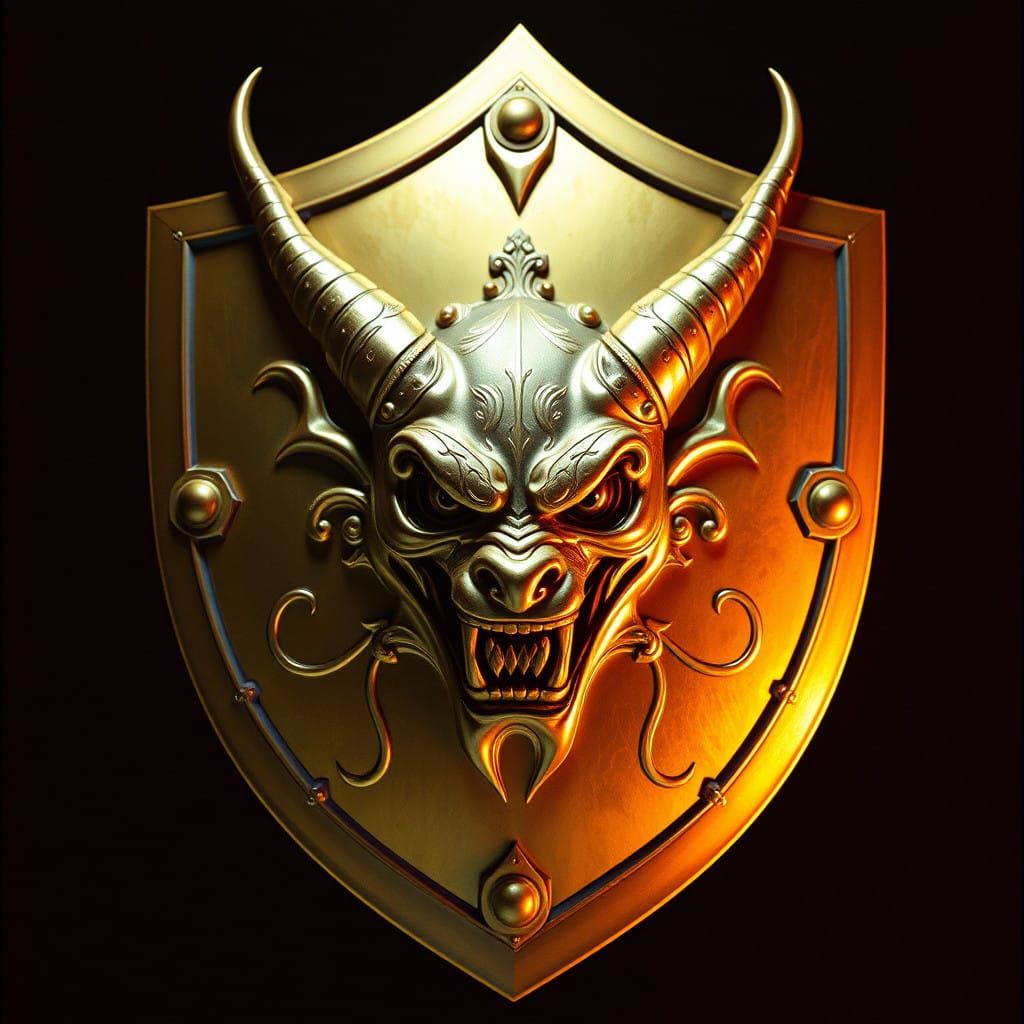 Golden Shield with Devilish Head in Epic Sci-Fi Style