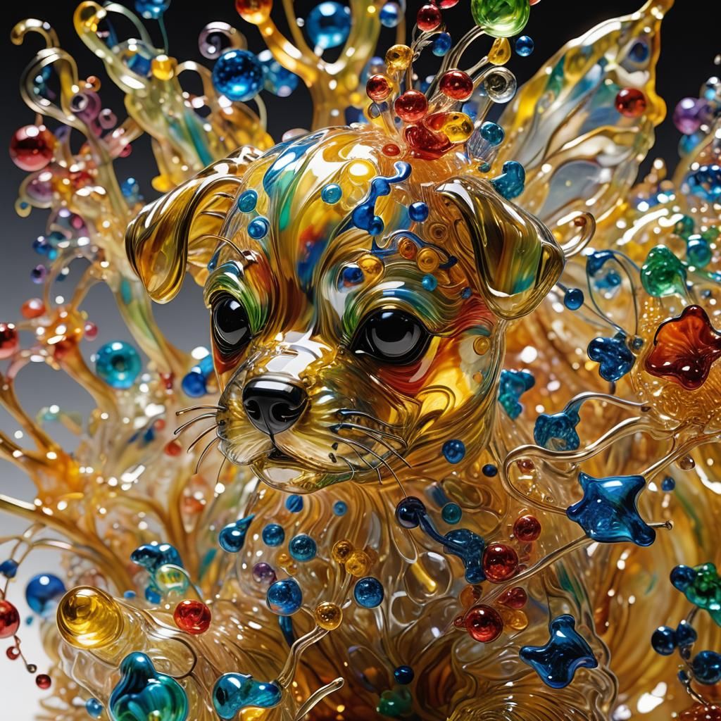 Chihuly Glass Sculpture: Puppy with Kittens