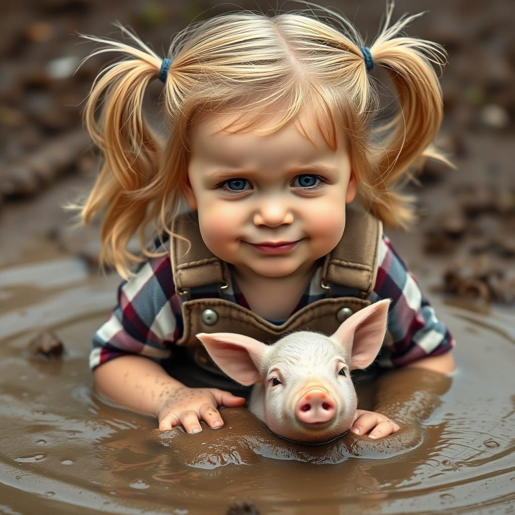 Joyful, Cherubic Girl Plays with Pig in Mud Puddle
