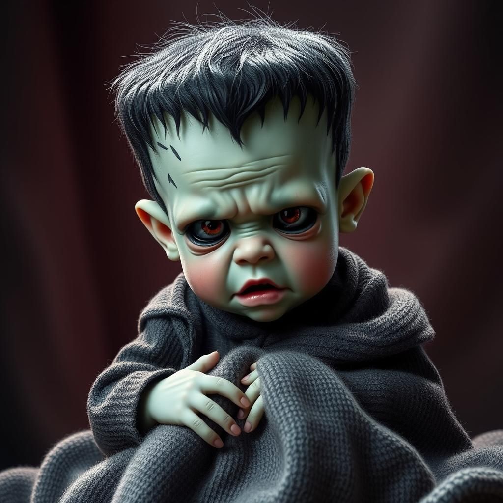Frightened Baby Frankenstein in Fantasy Horror Style