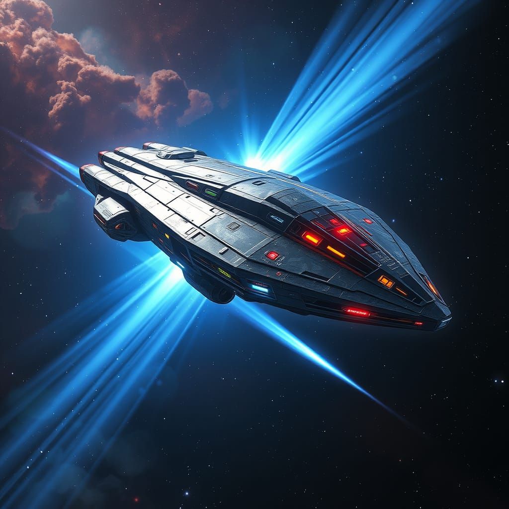 Starship Initiates Warp Jump in Deep Space