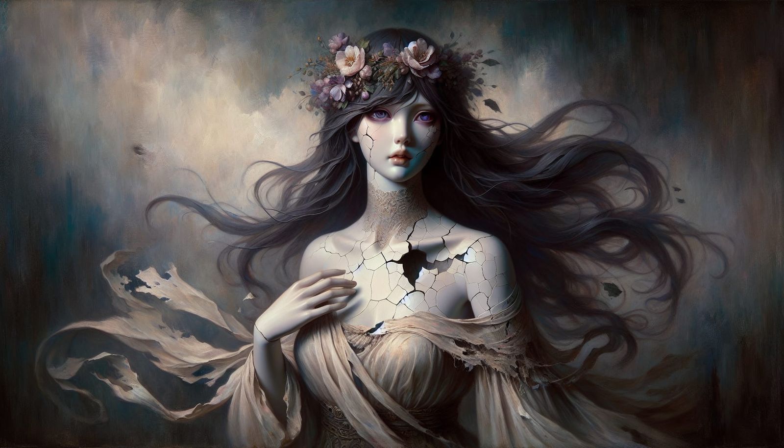 Cracked Porcelain Woman with Flower Crown