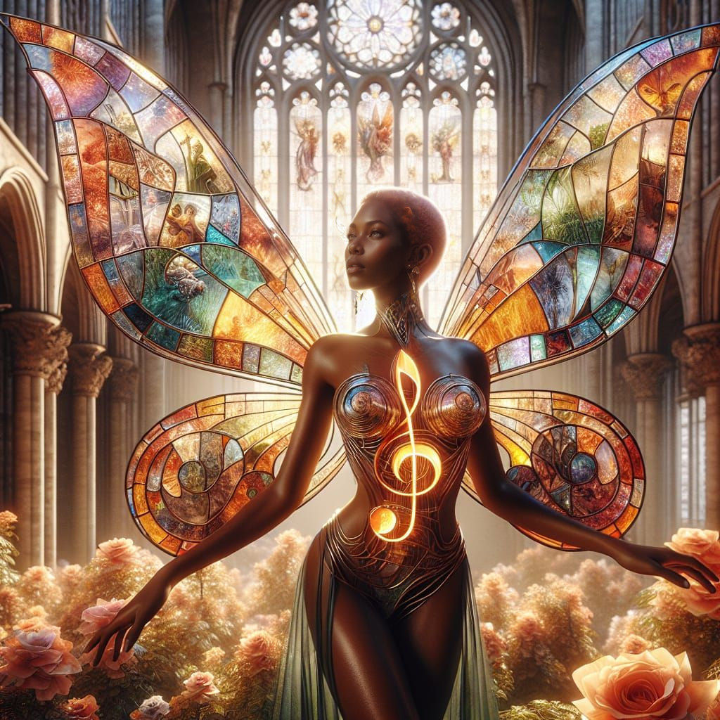 Stained Glass Fairy in Floral Cathedral Dreamscape
