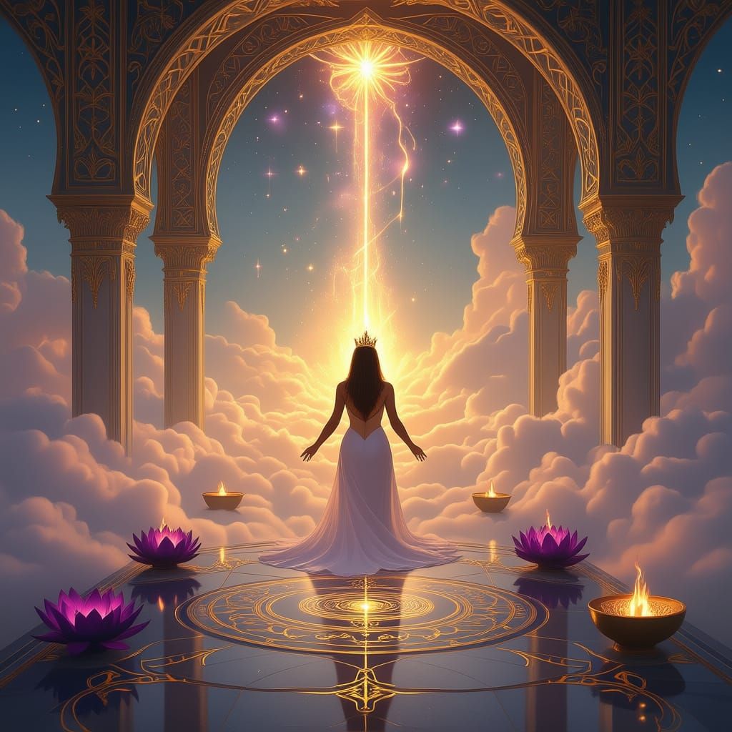 Celestial Temple of Feminine Power in Cosmic Mist