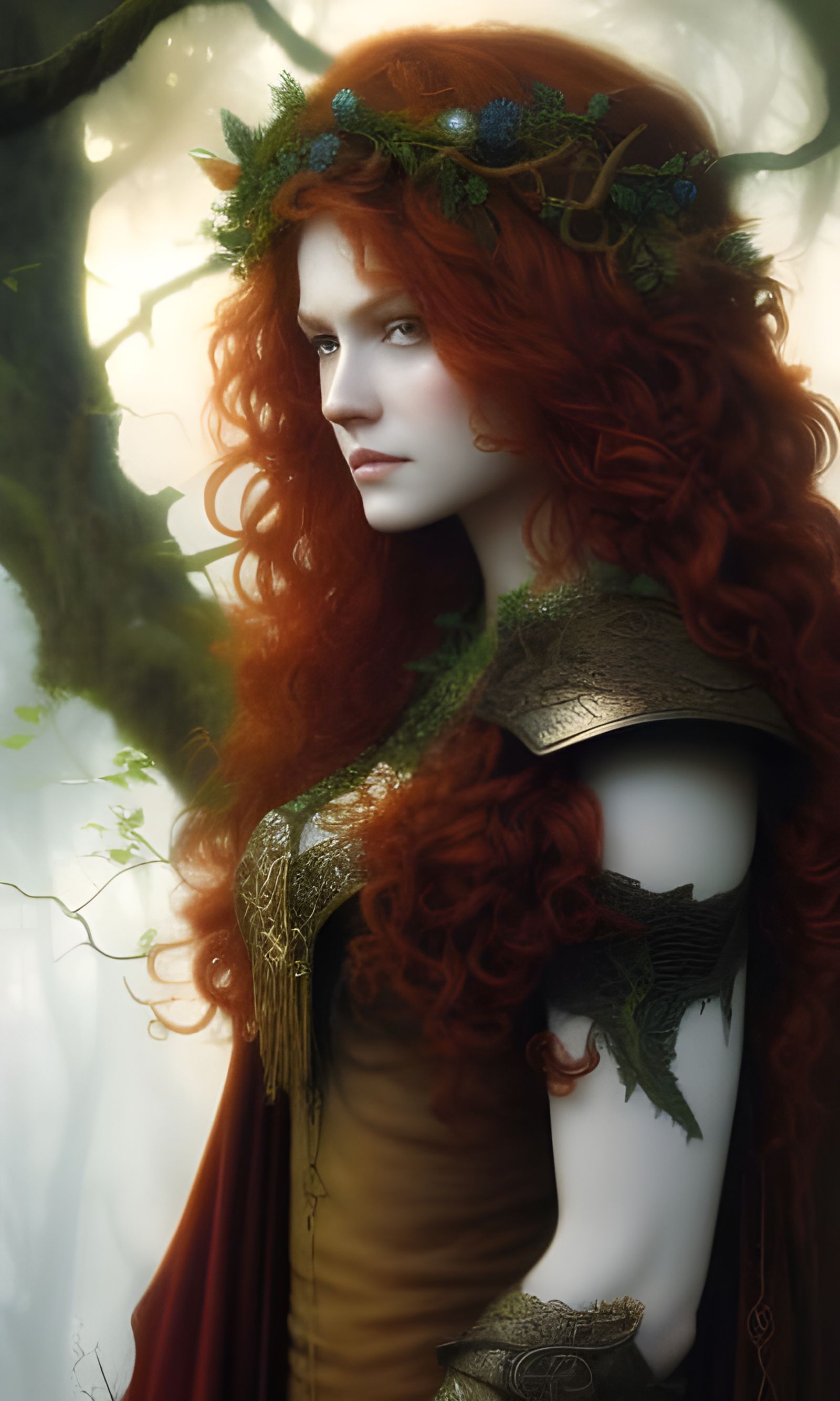 Red-headed Forest Witch Portrait in Hyperrealistic Style