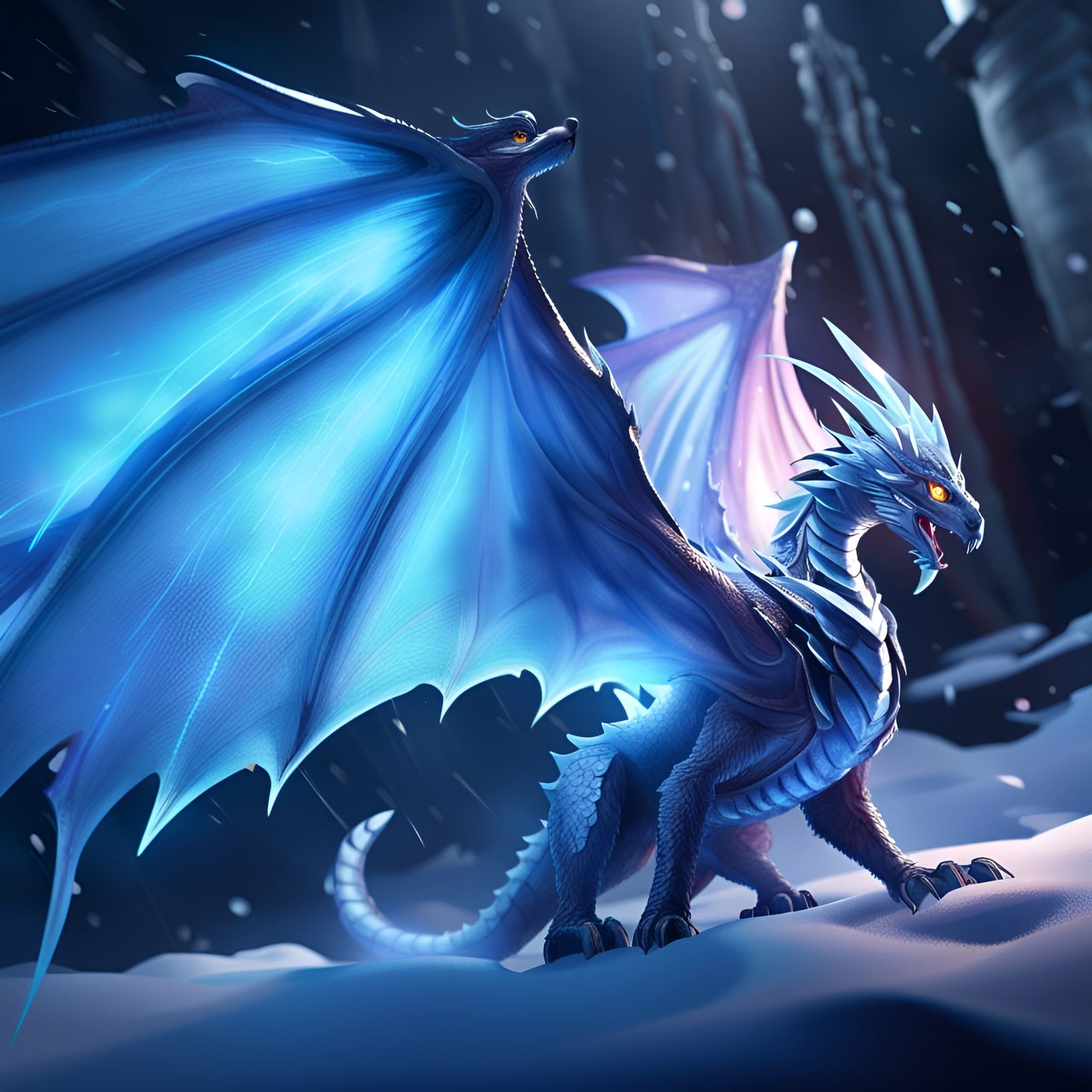 Icy Dragon in a Blizzard, Dark Fantasy Concept Art