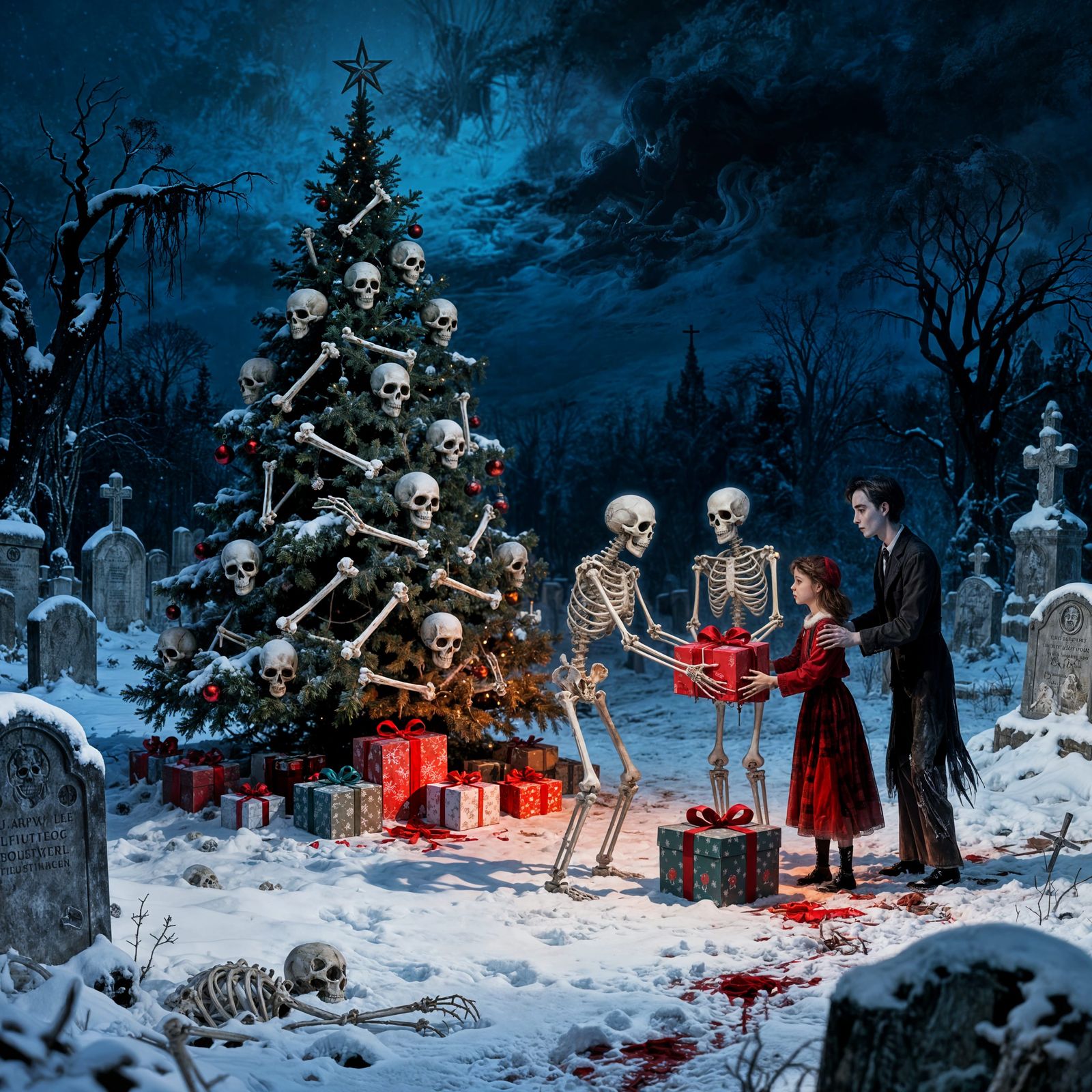 Haunting Christmas Tree with Skeleton Family in Snowy Gravey...