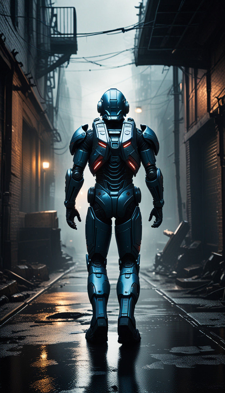 Moody Guyver Exosuit in Dark Alleyway Sci-Fi Still