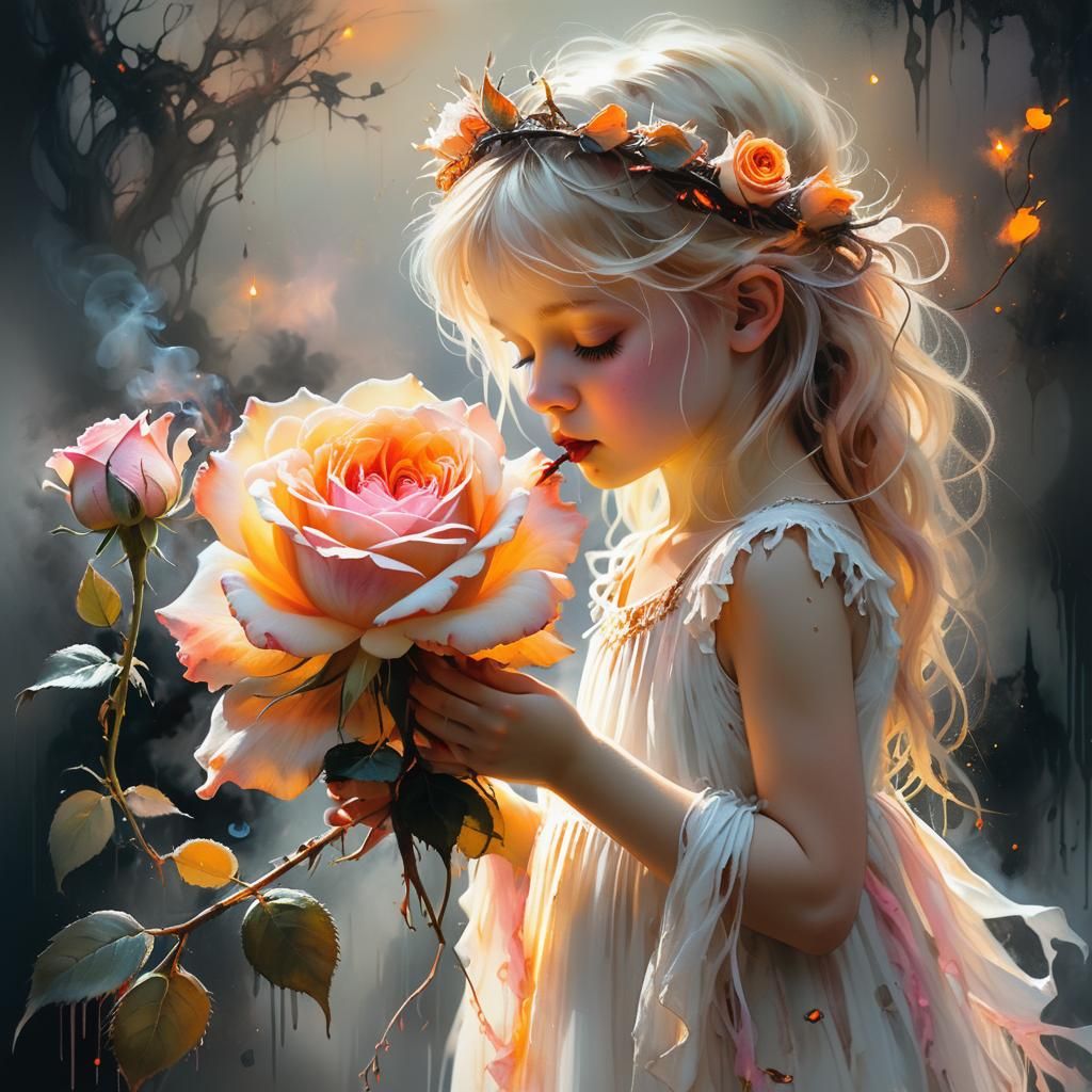 Little Girl Smelling a Rose in Dark Fantasy Style