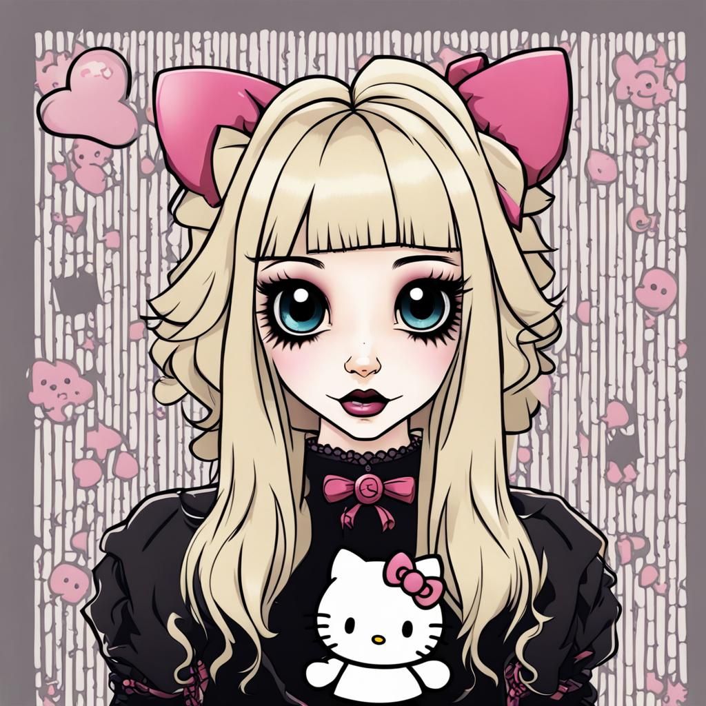 cute goth blonde girl with hello kitty face