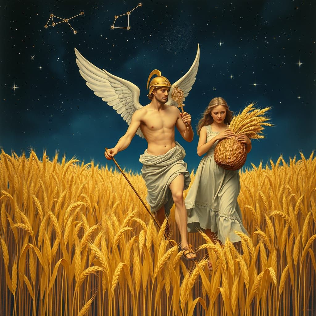 Mythical Mercury Strolls Through a Golden Wheat Field
