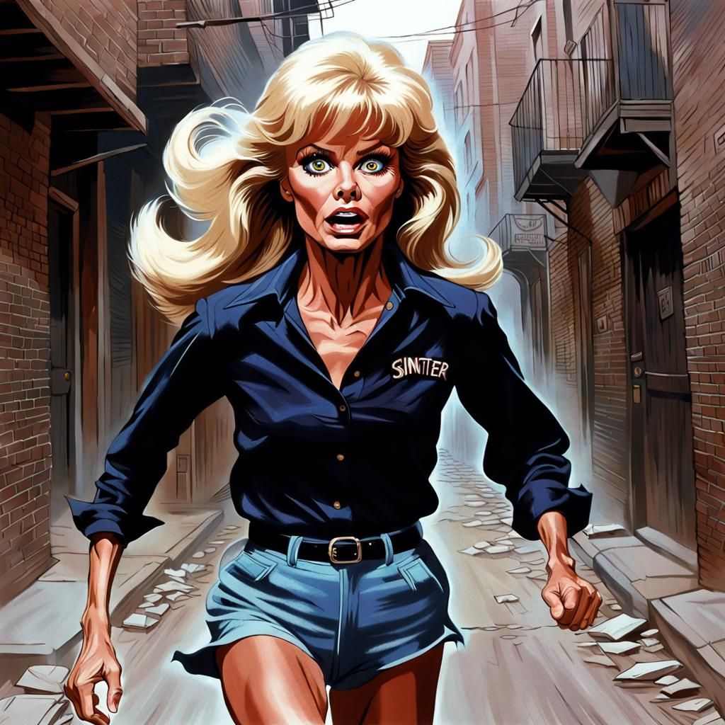 Woman Fleeing Demon in Dark Alleyway