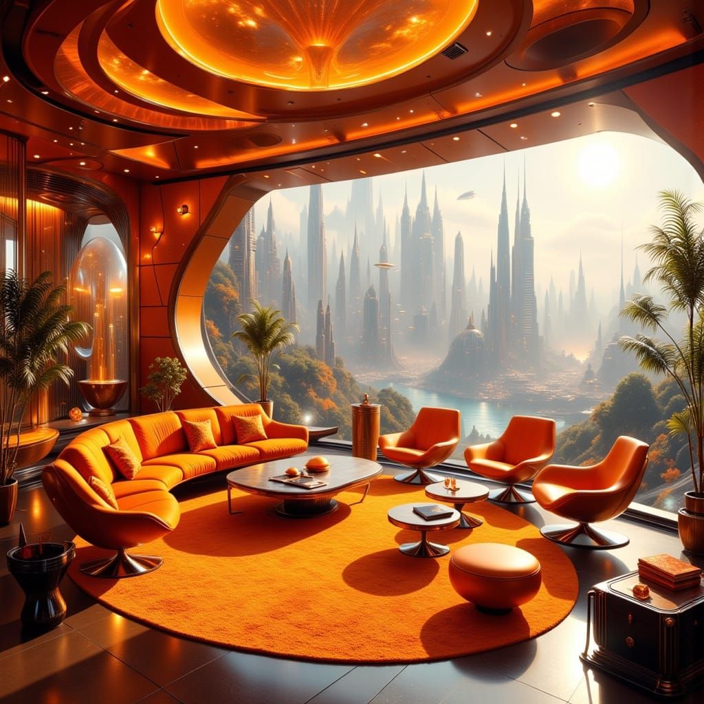 1970s Retro-Futuristic Lounge with City View