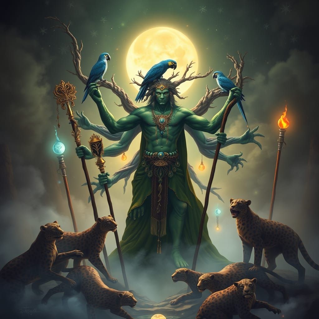 Ethereal Leopard Shaman in a Fantasy Landscape