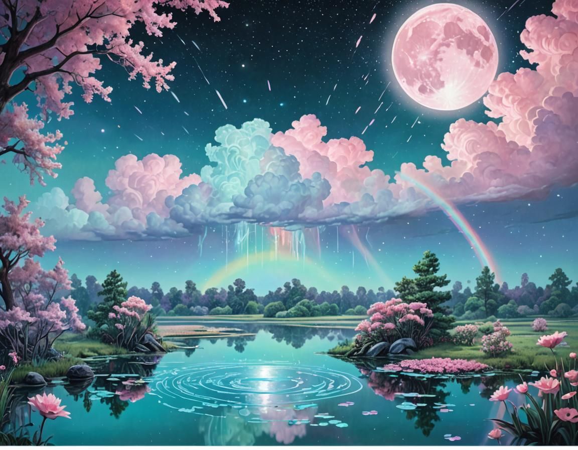 Bioluminescent Alien Garden Under Rainbow Sky