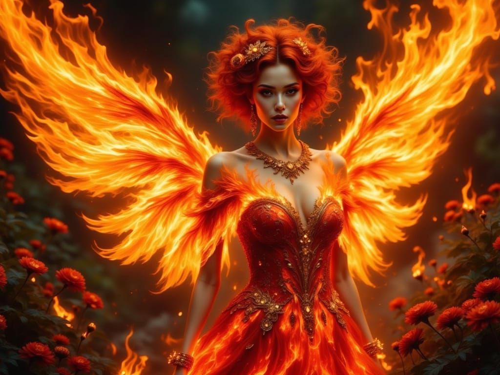 Fantasy Fairy Angel in Fiery Bonfire Garden