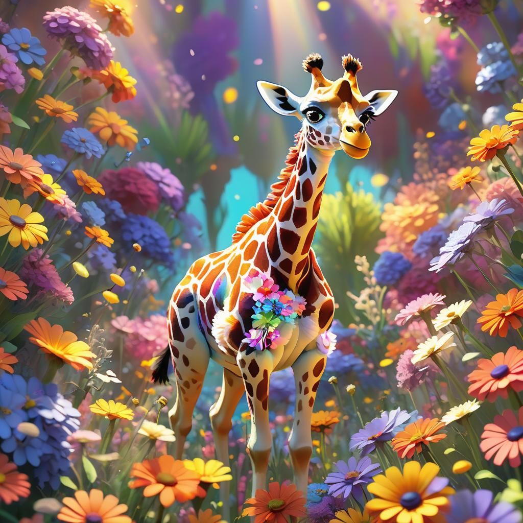 Winged Giraffe Among Flowers in Pixar Style