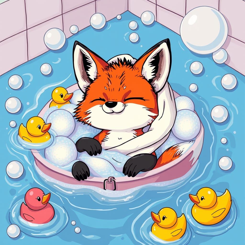 Fox in Bubble Bath: Sanrio-Inspired Kawaii Art