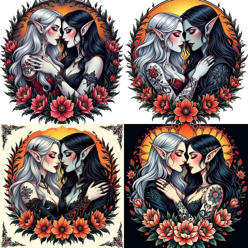 Elven Vampire Lovers Flash Tattoo Sheet in Traditional Style