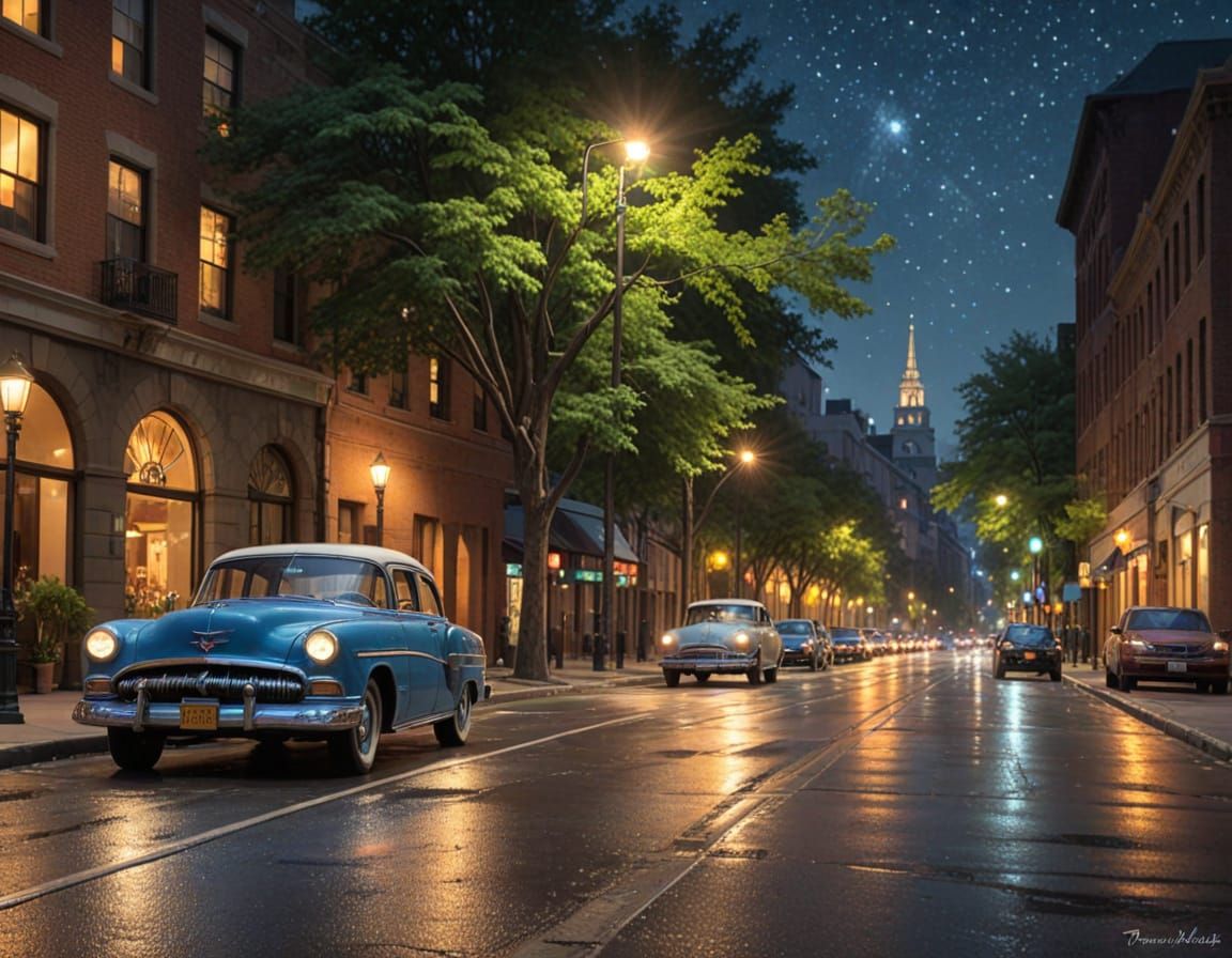 Downtown Street at Night: Realistic Charcoal Drawing