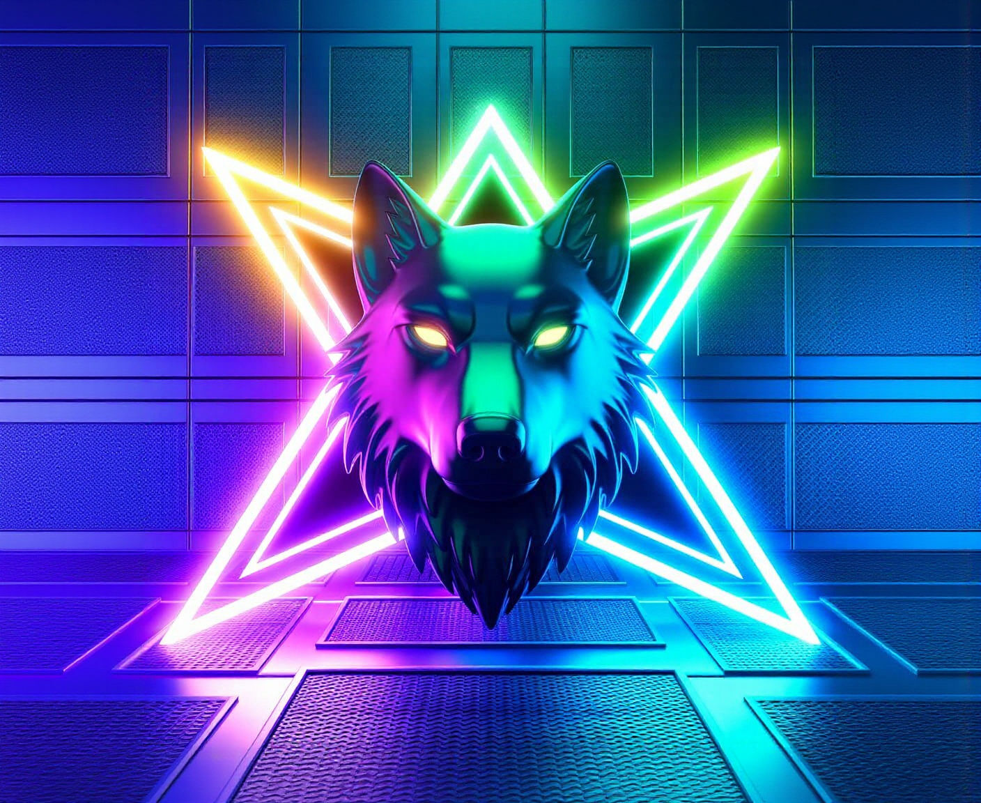 Cyberpunk Wolf Head in Neon Metropolis